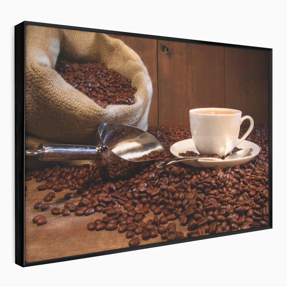 Tablou canvas cu tablou cu cana de cafea si sac de iuta, in rama de aluminiu negru
